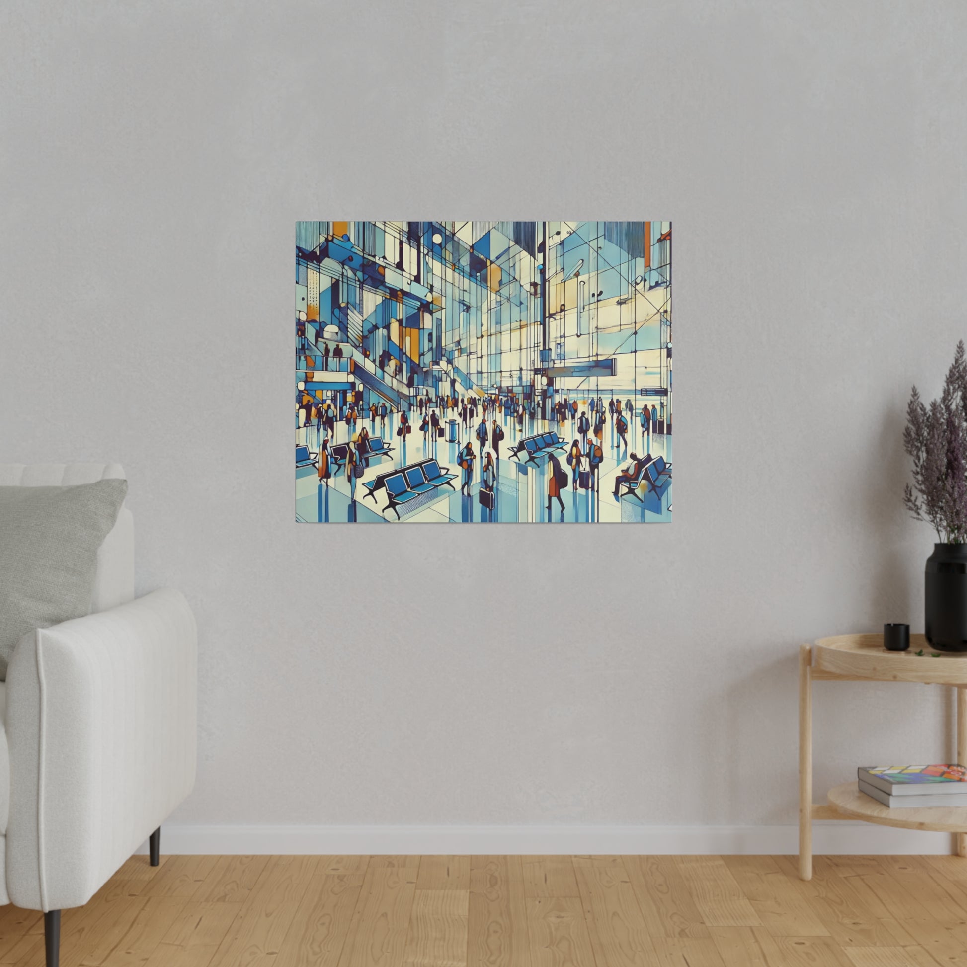 Square painting of a busy, modern transit hall with blue, orange, and white geometric panels and many people.