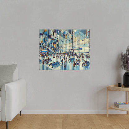 Square painting of a busy, modern transit hall with blue, orange, and white geometric panels and many people.
