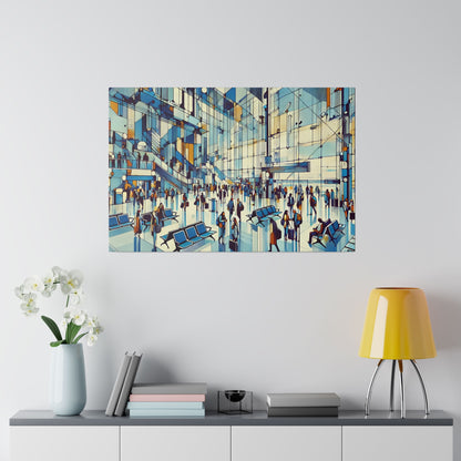 Colorful abstract painting of a crowded modern indoor atrium with blue seating and glass walls.