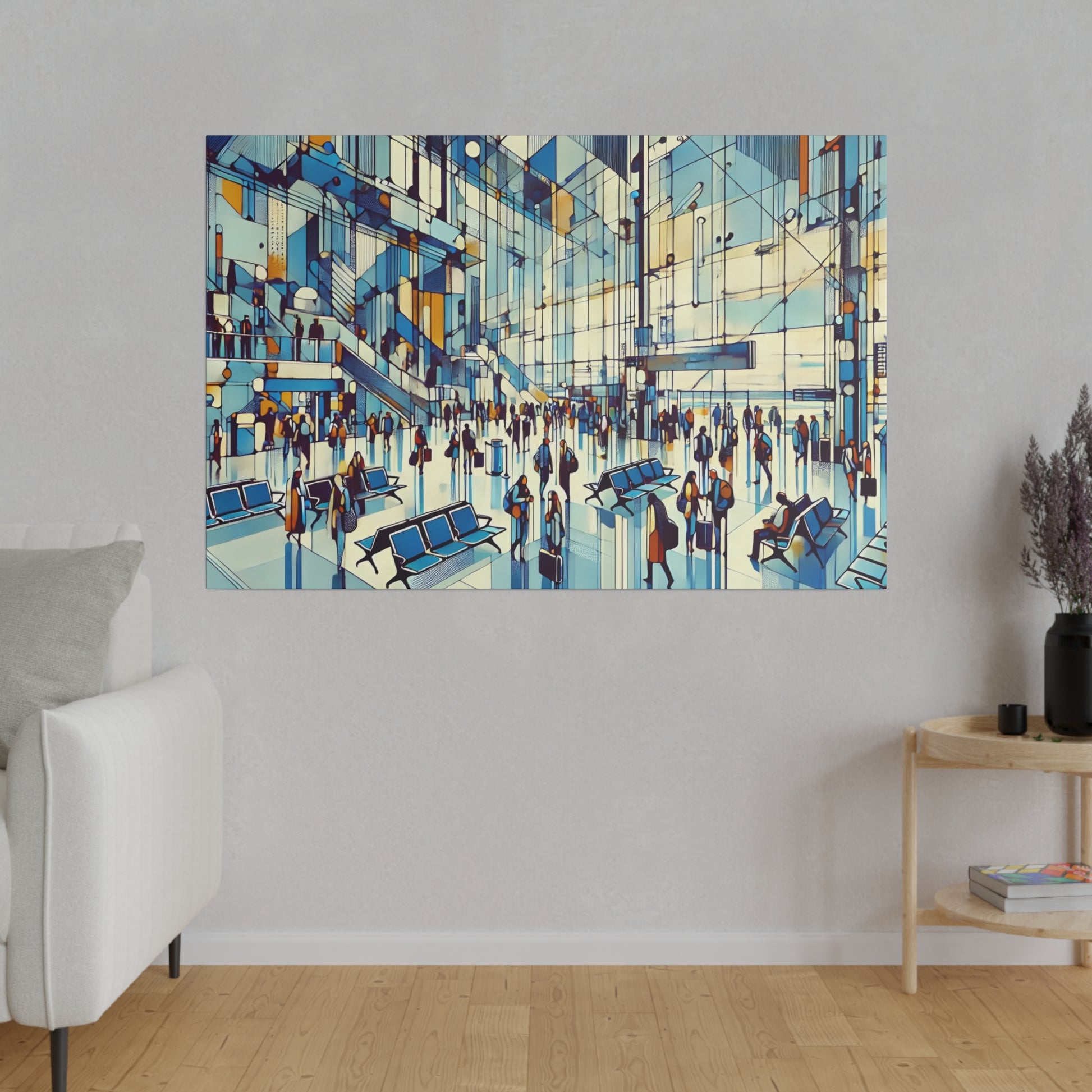 Large wall art showing a busy indoor atrium with blue seating and many people walking.