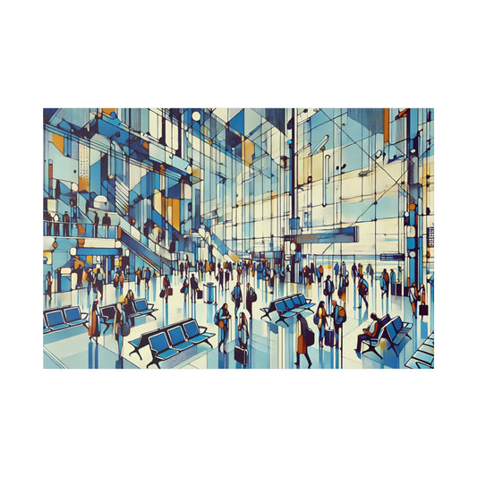 Colorful abstract interior scene with blue seating, glass walls, and many people walking through a modern concourse.
