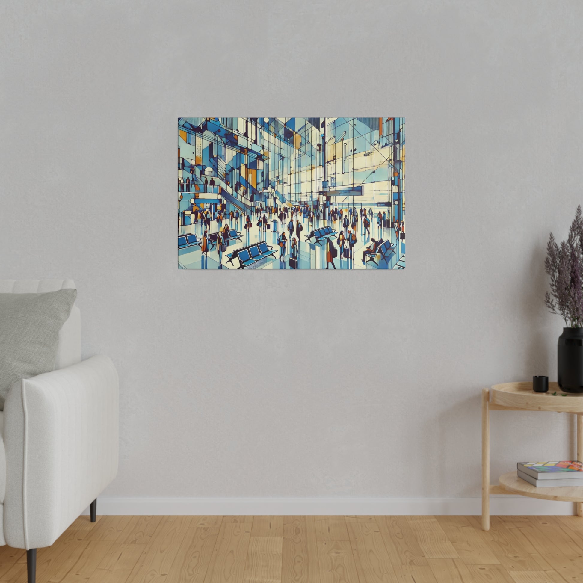 Colorful painting of a crowded modern indoor transit hub with blue, orange, and white geometric panels.