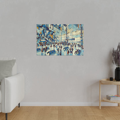 Colorful painting of a crowded modern indoor transit hub with blue, orange, and white geometric panels.