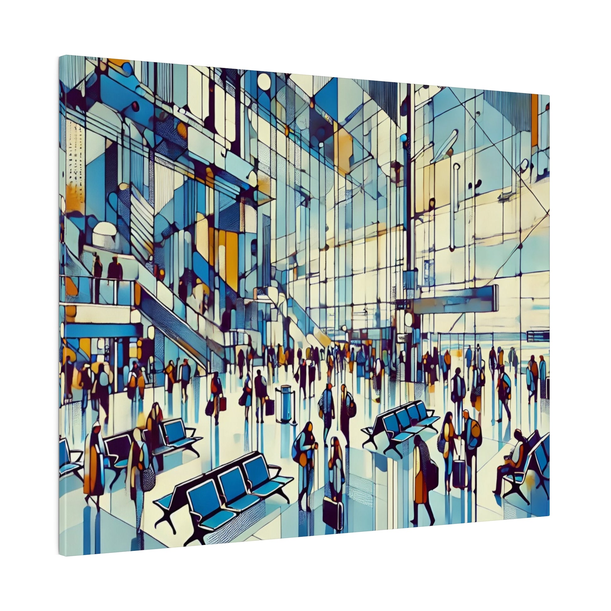 Abstract painting of a busy modern terminal interior with blue, white, and yellow geometric shapes and many people.