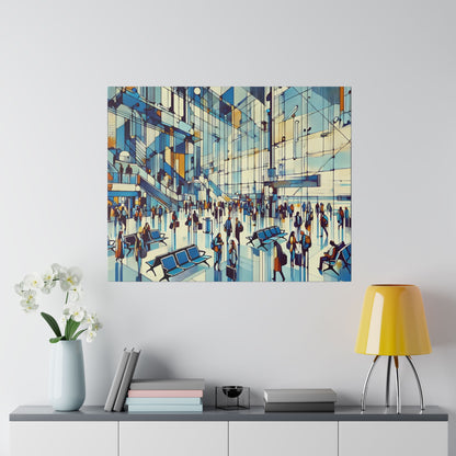 Colorful abstract painting of a busy, modern indoor terminal with glass walls, blue seats, and crowds.
