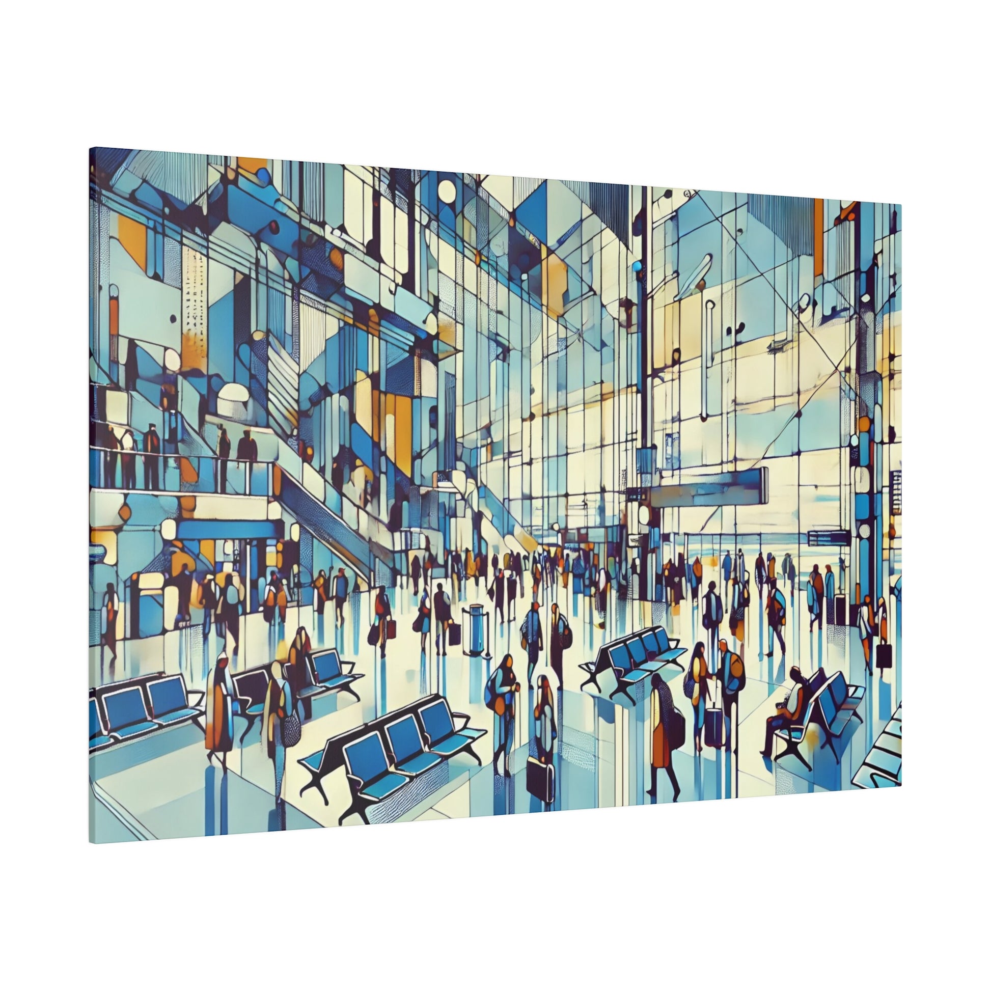 Abstract city-concourse painting showing a busy glass-walled terminal with blue seating and crowds.
