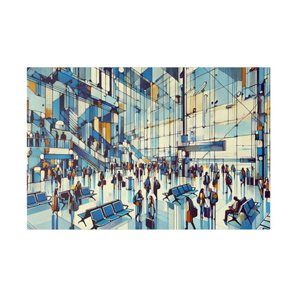 Abstract glass-walled airport terminal with blue and orange panels and numerous travelers.
