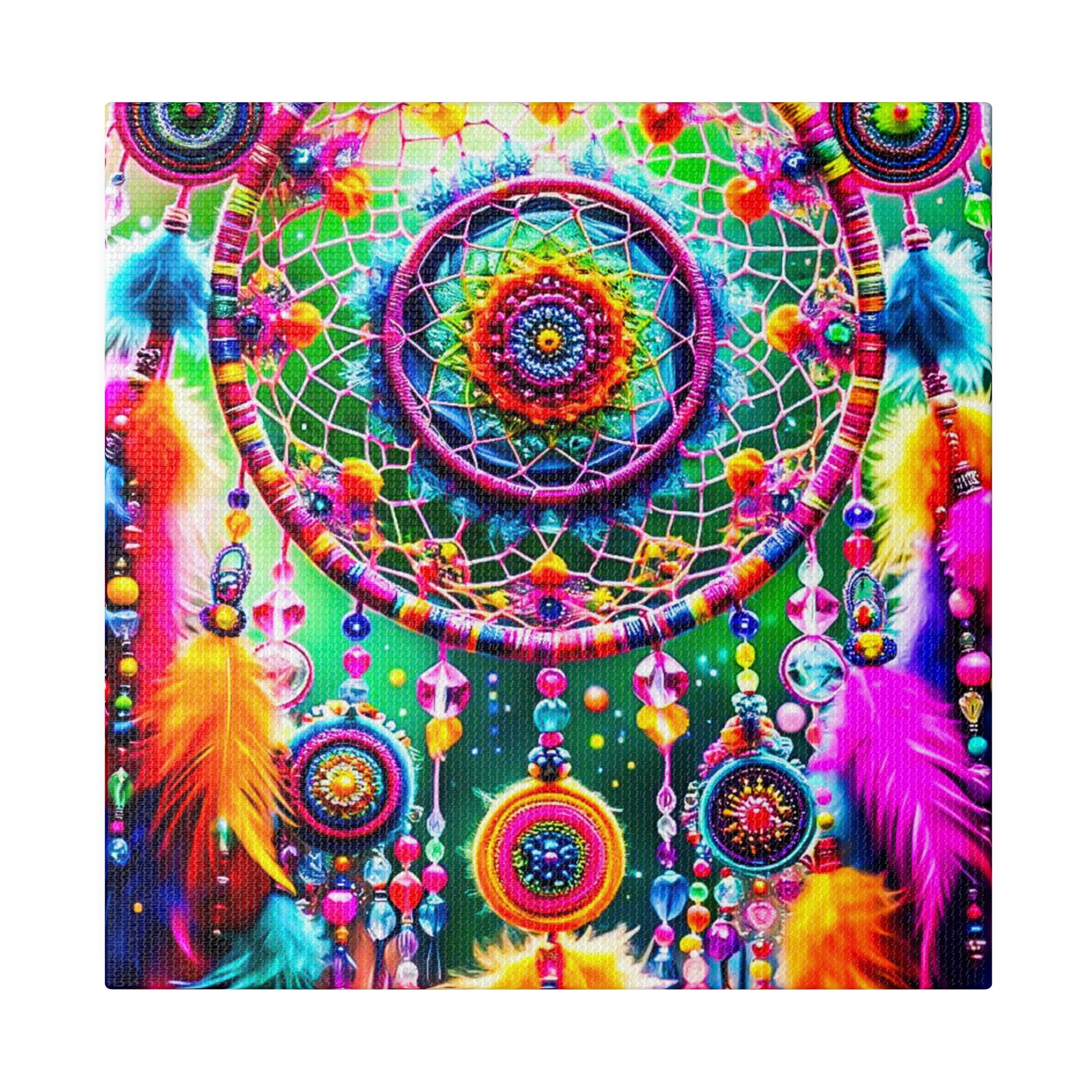 Vibrant, multicolored dreamcatcher wall hanging with circular bead hoops, feathers, and beaded strands.