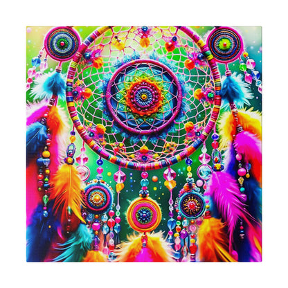 Brightly colored dreamcatcher wall art with circular woven nets, beaded tassels, and multicolored feathers against a green background.