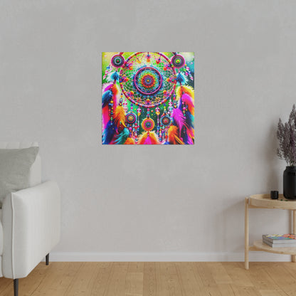 Square canvas print of a vibrant dreamcatcher with rainbow feathers hanging against a bright, green background.