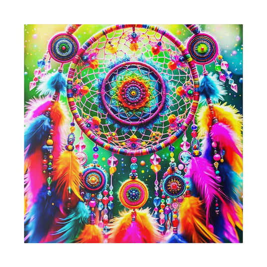 Colorful dreamcatcher wall art featuring circular woven hoops, beads, and multicolored feathers against a green background.