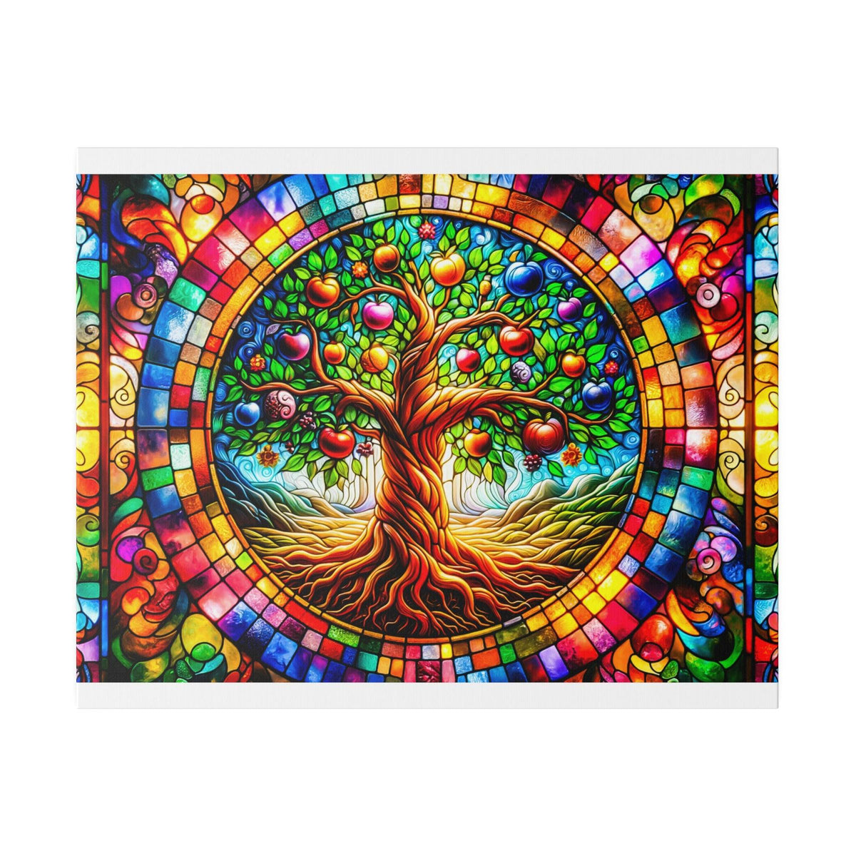 Vibrant stained-glass image of a twisted tree with colorful leaves and fruit, set inside a circular rainbow mosaic frame.