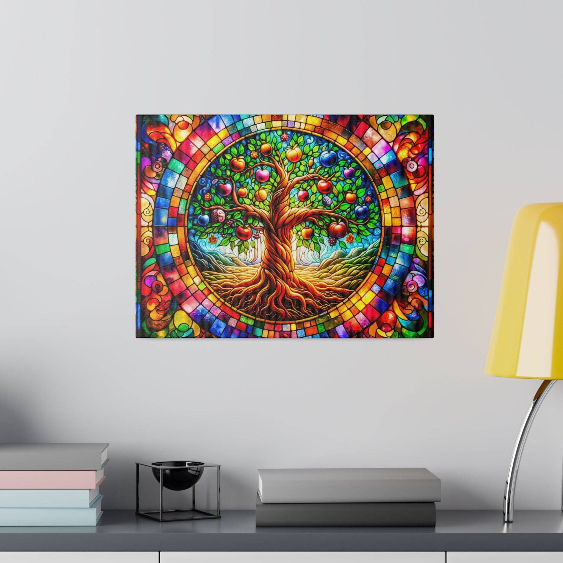 Colorful circular stained-glass style artwork depicting a twisting tree with fruit, mounted on a light