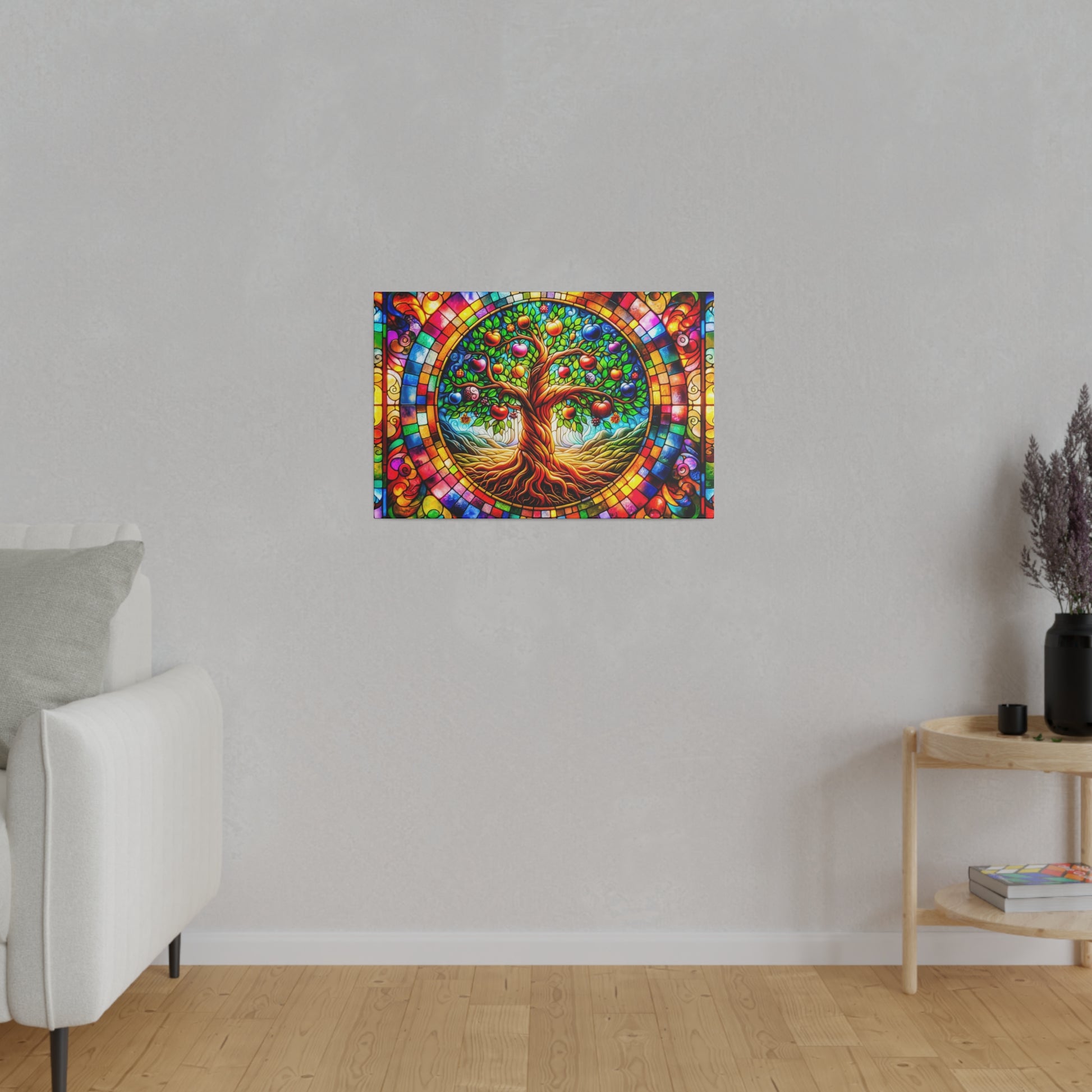 Colorful stained-glass style wall art of a tree with a circular rainbow border hanging on a light gray living room wall.