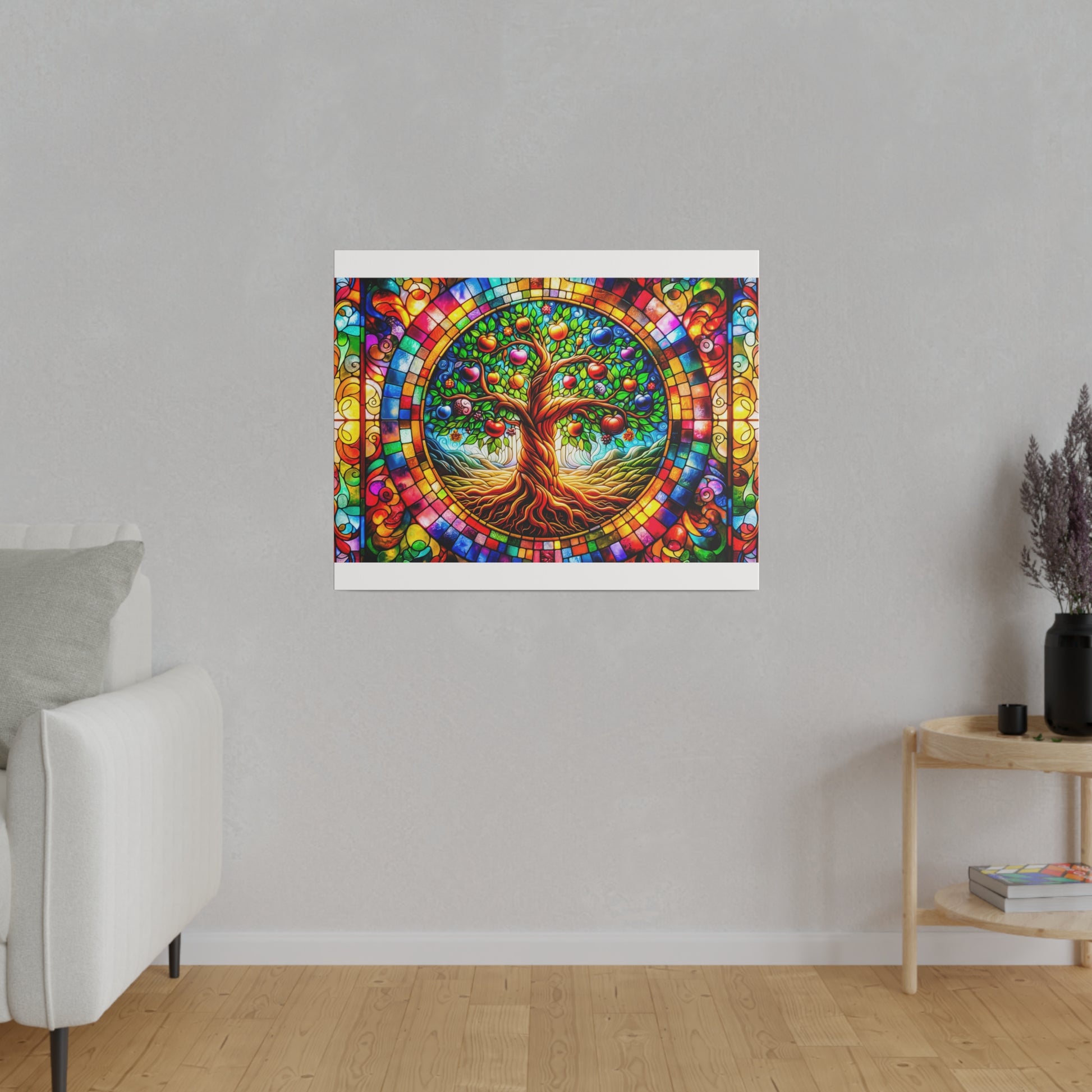 Colorful framed artwork of a stained-glass style tree with a circular rainbow border hanging on a gray wall.