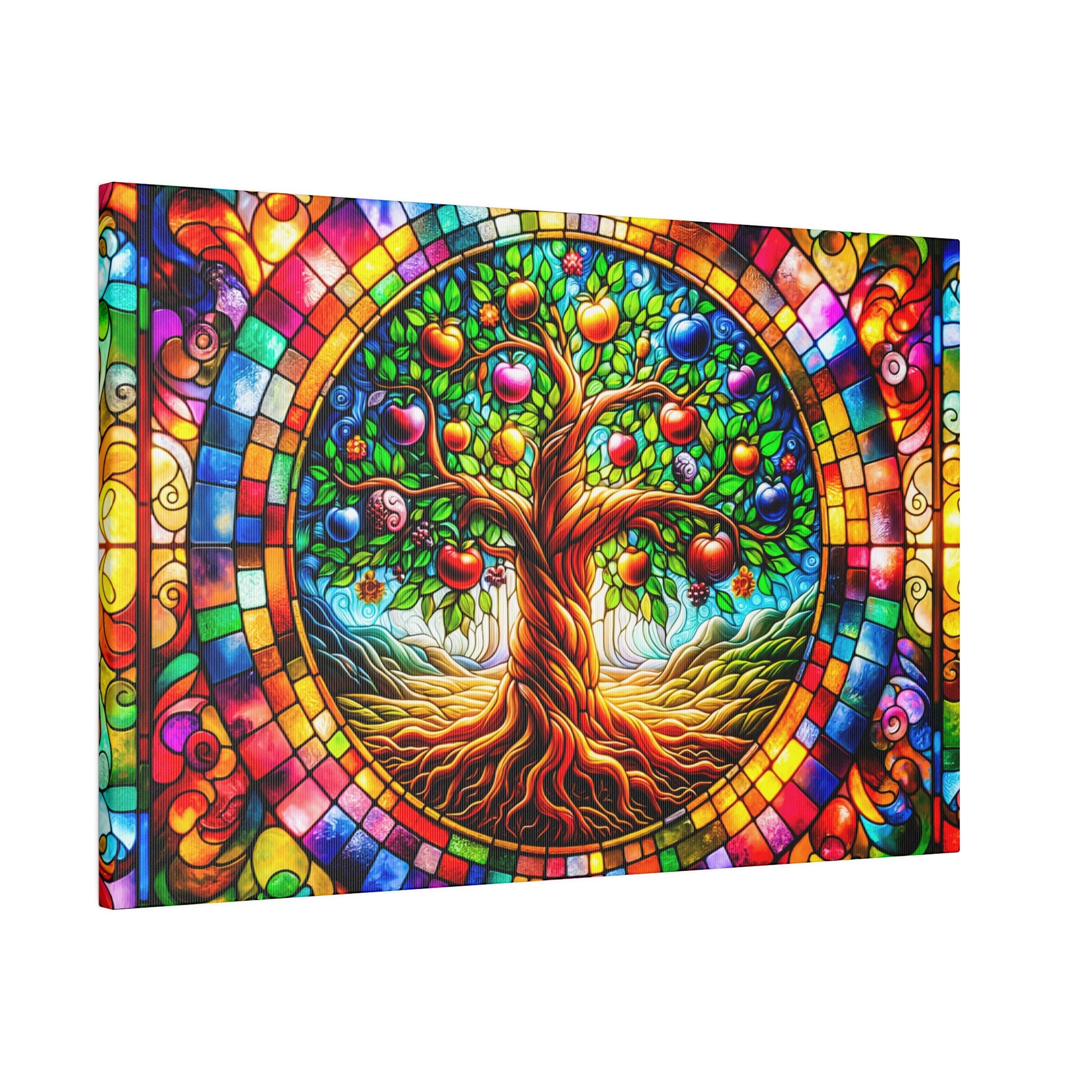 Colorful, stained-glass style canvas depicting a fruit-bearing tree with twisted trunk and vibrant mosaic border.