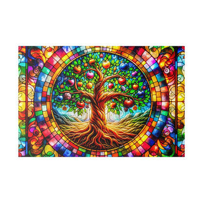 Colorful stained-glass style artwork of a twisted tree with vibrant fruit inside a circular frame.
