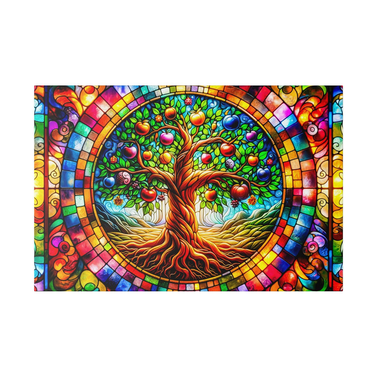 Colorful stained-glass style tapestry depicting a twisted tree with bright fruit inside a circular rainbow frame.