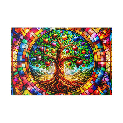 Colorful stained-glass style rug showing a twisted tree with red apples at the center, surrounded by a multicolored circular mosaic border.