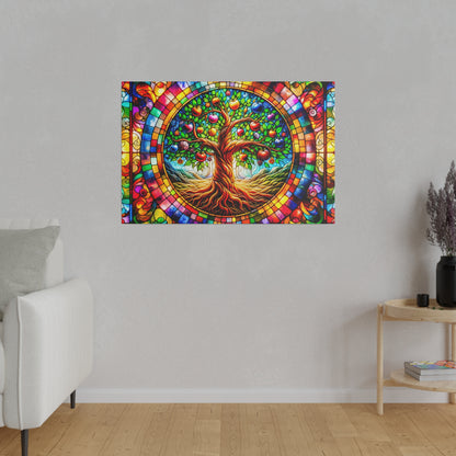 Colorful stained-glass style wall art of a twisting tree with a vibrant circular border mounted on a gray wall.