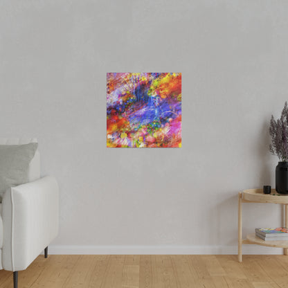 Abstract multicolor square painting with red, blue, yellow splashes hangs on a light gray wall in a minimalist living room.
