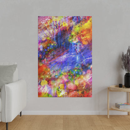 Vertical abstract art print with vibrant multicolored splashes on a gray wall.