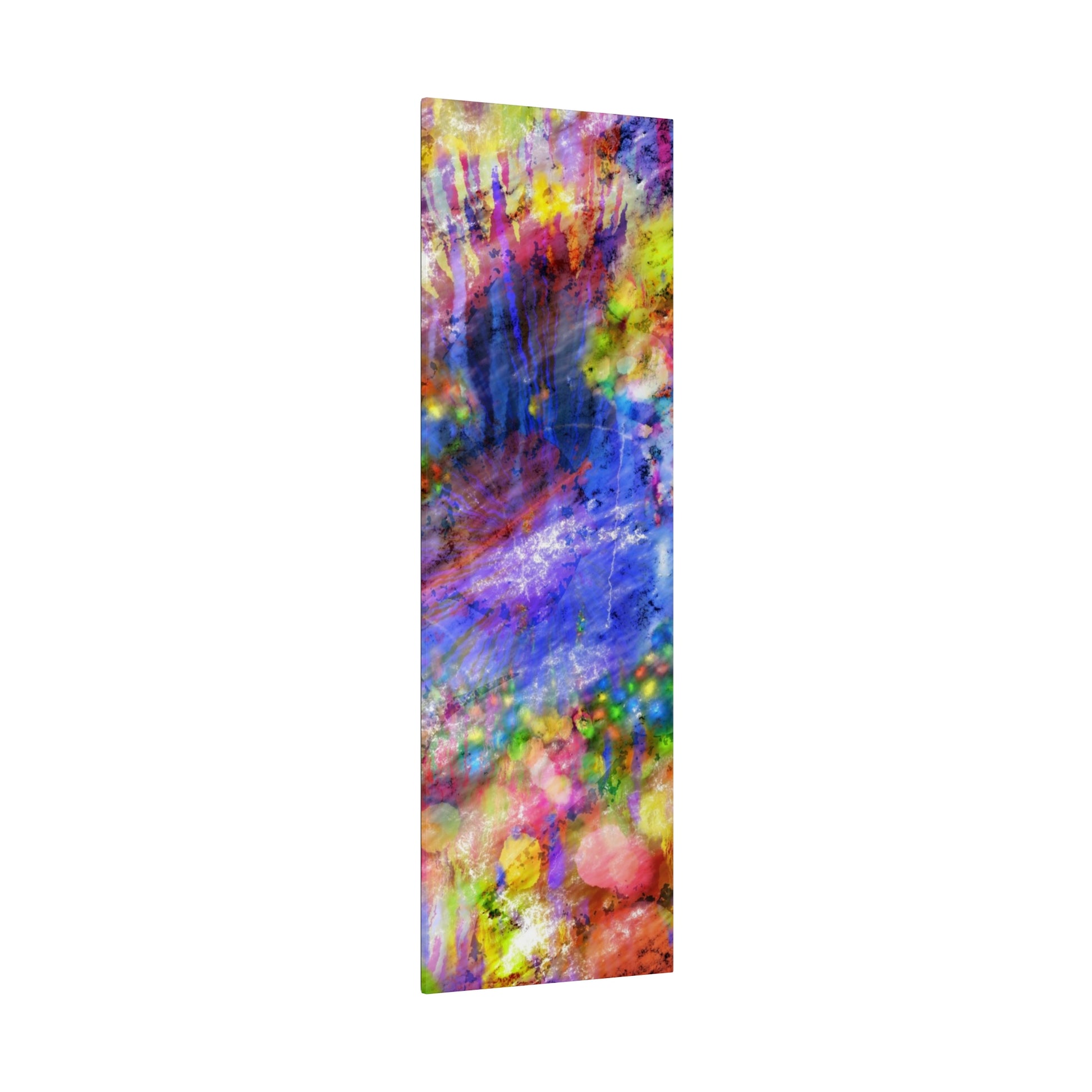 Tall vertical abstract painting with vivid multicolored splashes and drips on a narrow canvas.