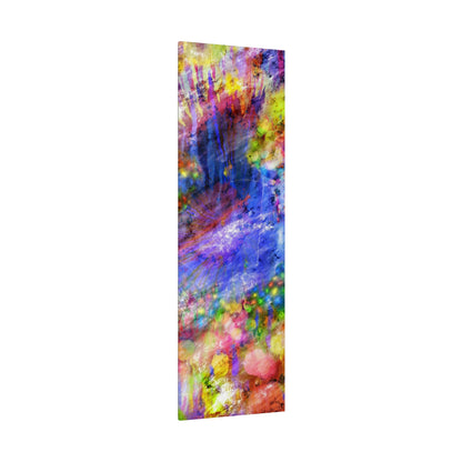 Tall vertical abstract painting with vivid multicolored splashes and drips on a narrow canvas.
