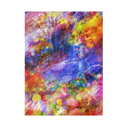 Abstract tie-dye style painting with a vivid spiral of blue, purple, red, yellow, and orange colors and chaotic brushstrokes.