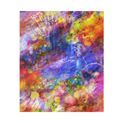 Abstract tie-dye artwork with swirling blue, purple, pink, orange, and yellow colors and organic patterns.