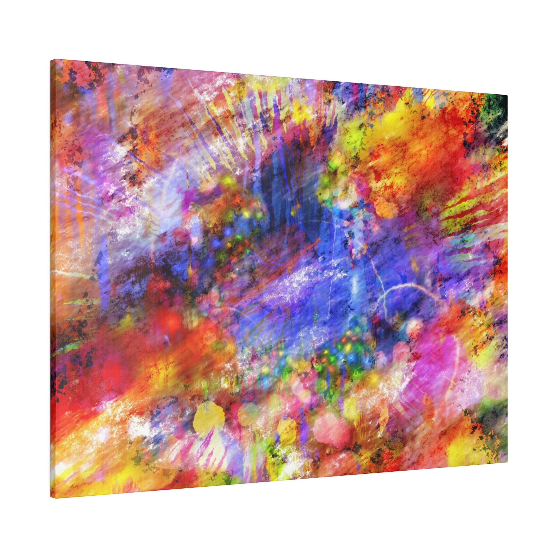Abstract acrylic painting on canvas with vibrant splashes of red, orange, yellow, blue, and purple.