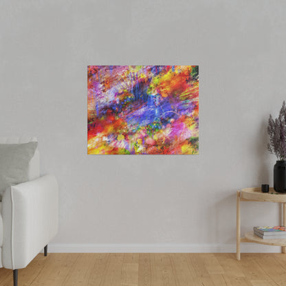Abstract colorful painting with red, blue, yellow splashes hung on a light gray wall in a minimalist living room.