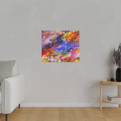 Colorful abstract canvas painting with red, blue, yellow splashes hung on a light gray wall in a living room.