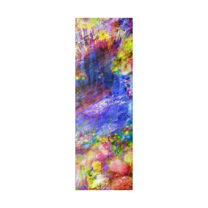 Vertical abstract tie-dye design in blue, purple, pink, yellow, green, and orange hues.