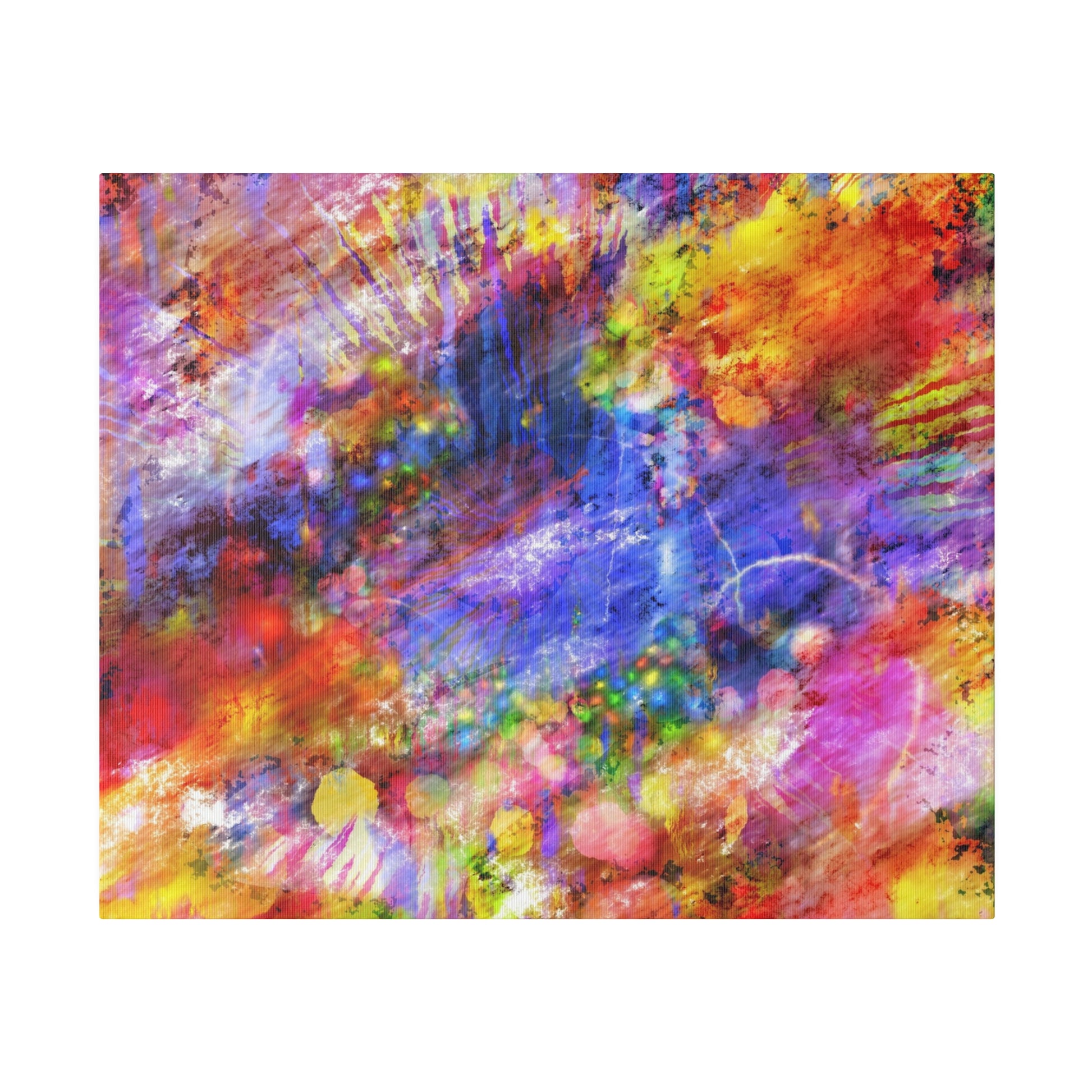 Abstract canvas with vibrant splashes of red, yellow, blue, purple, and orange in a chaotic, layered pattern.