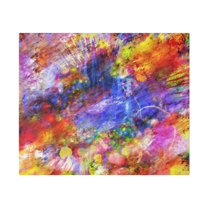 Abstract canvas with vibrant splashes of red, yellow, blue, purple, and orange in a chaotic, layered pattern.