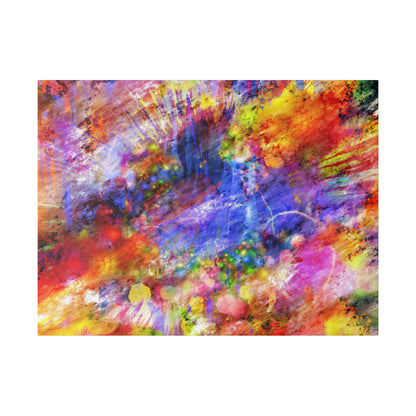 Abstract painting with vibrant splashes of red, blue, yellow, purple and green in a dense, textured composition.