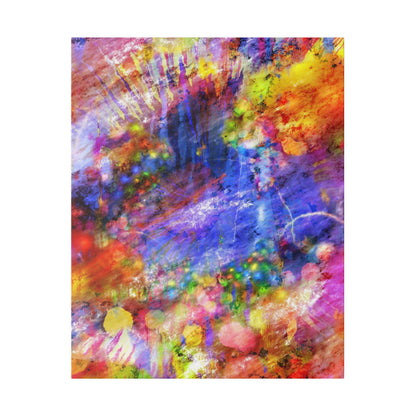 Abstract art canvas with vibrant multicolor splashes and swirls, featuring red, blue, yellow, purple, and orange.