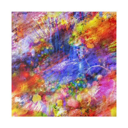 Abstract painting on a square canvas with vivid red, blue, yellow, purple, and orange paint splashes.