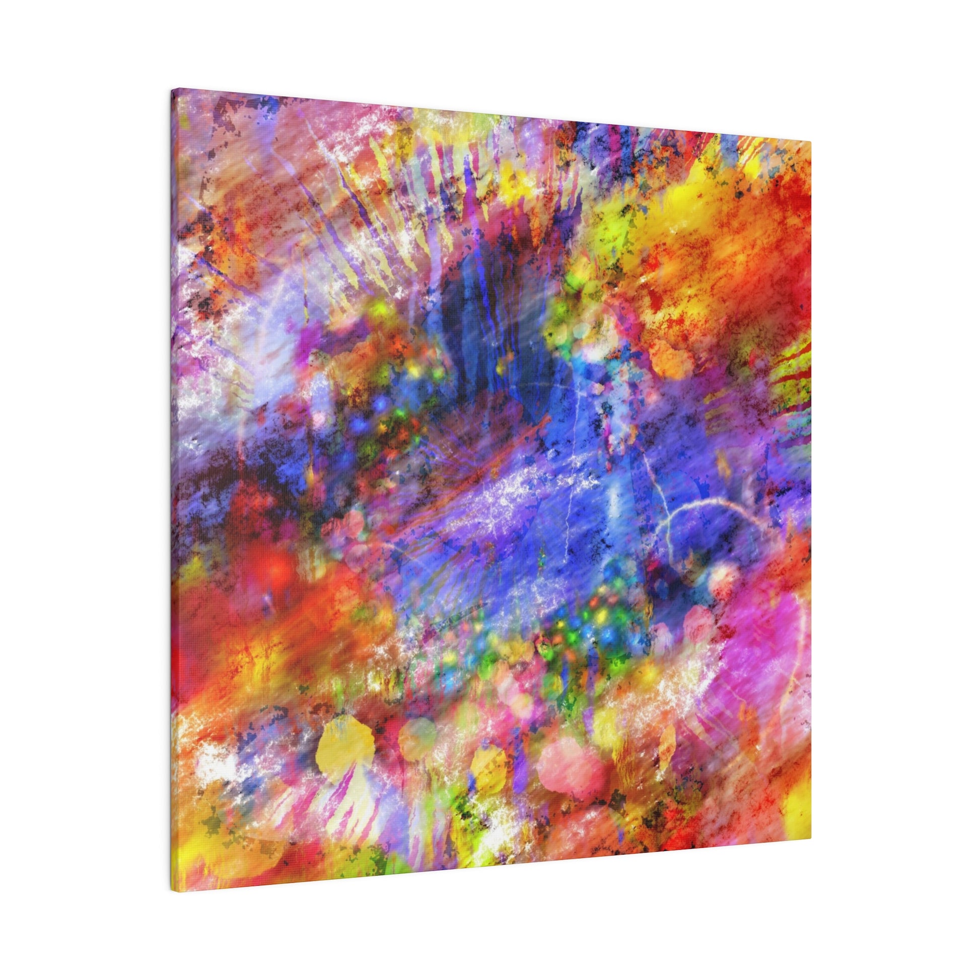 Abstract canvas painting featuring vivid multicolored splashes and textured brushstrokes in reds, blues, yellows, purples.