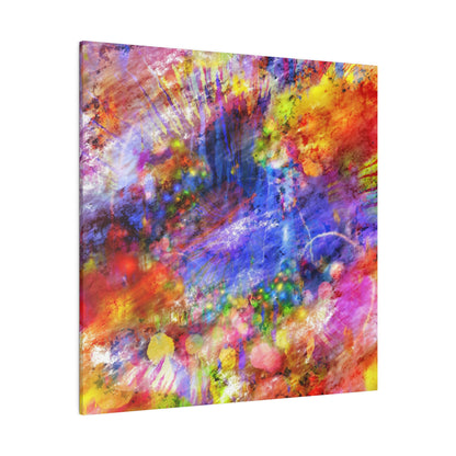 Abstract canvas painting featuring vivid multicolored splashes and textured brushstrokes in reds, blues, yellows, purples.