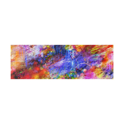 Abstract acrylic painting with splashes of red, blue, purple, orange, and green on a rectangular canvas.