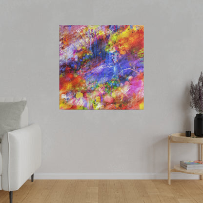 Abstract, multicolor square painting with splashes of red, blue, yellow and purple on a light gray wall.