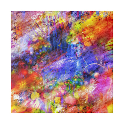 Abstract tie-dye painting with vibrant swirls of red, blue, yellow, and purple on a square canvas.