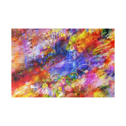 Abstract painting with dense multicolored splashes of red, blue, yellow, purple, and orange across the canvas.