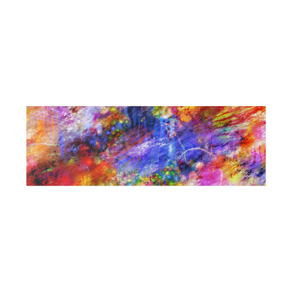 Abstract colorful painting with splashes of red, blue, purple, yellow and orange in a rectangular canvas.