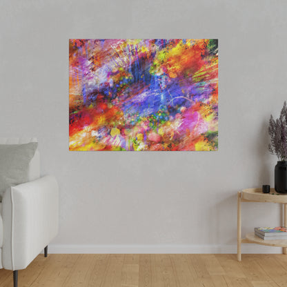 Abstract acrylic painting with vivid splashes of red, blue, yellow and purple on a light gray wall in a living room.