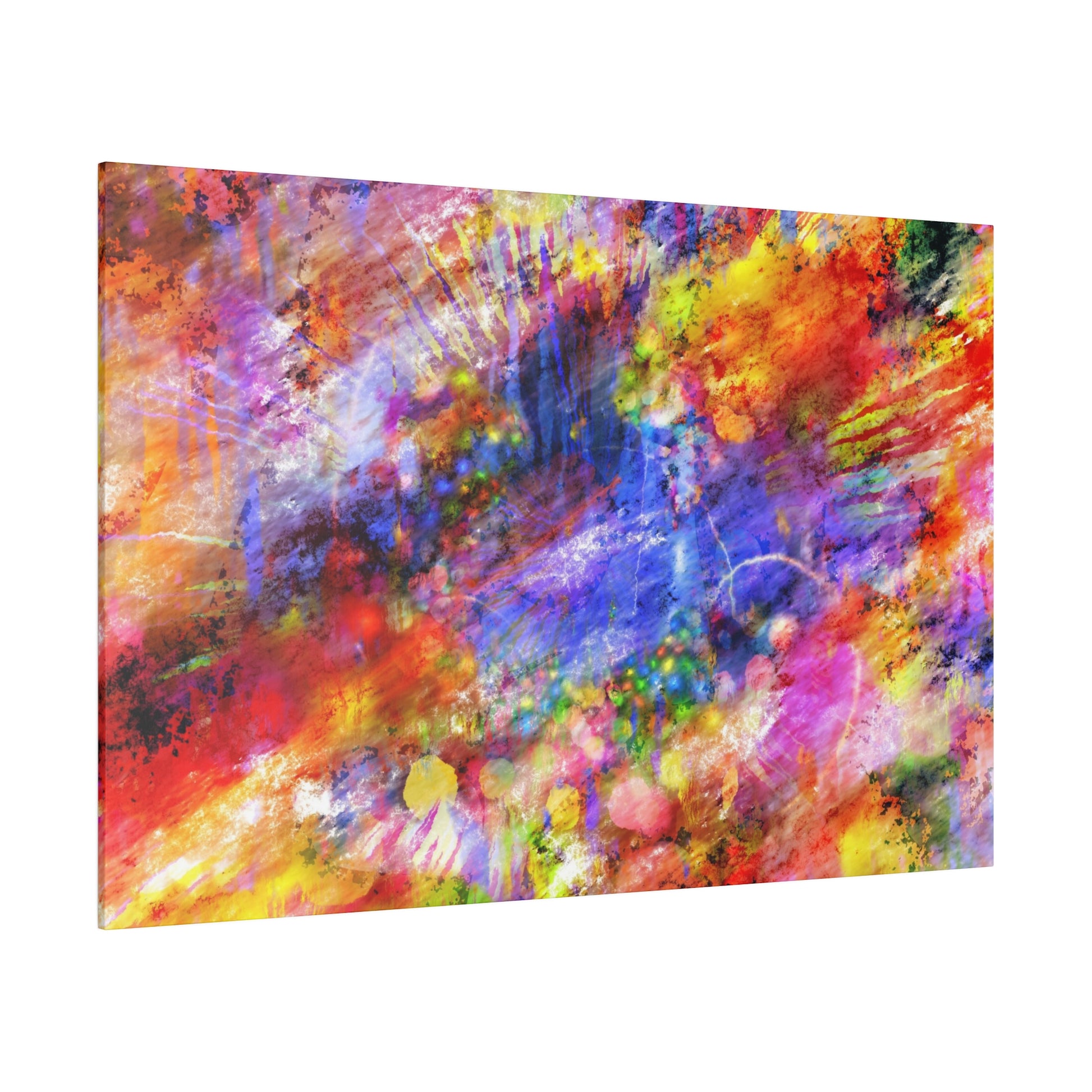 Abstract, multicolor spray-painted canvas with vibrant reds, blues, yellows, and purples, mounted on a wall.