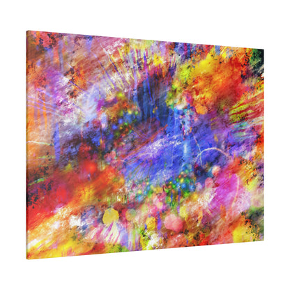 Abstract acrylic painting on canvas with vibrant red, blue, yellow, purple, and orange splashes.