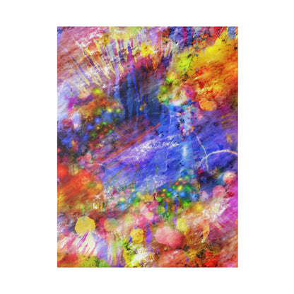 Abstract colorful painting with red, blue, purple, yellow swirls and splatters, resembling tie-dye patterns.